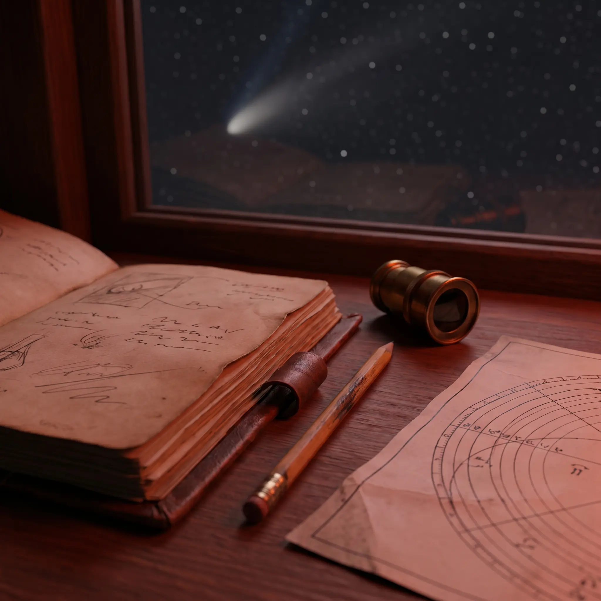 Comet observing logbook with eyepiece and red night light