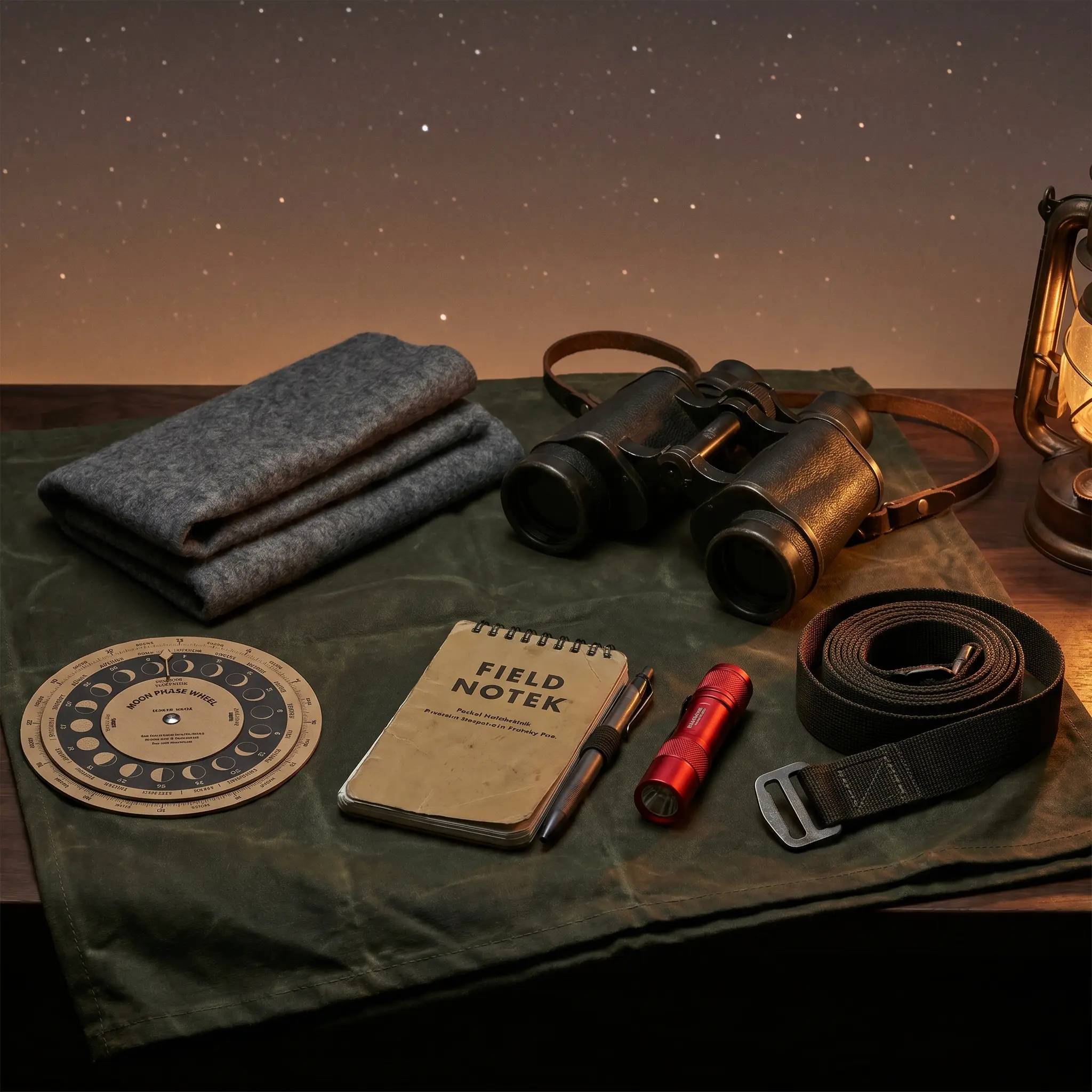 Binoculars, red flashlight, star wheel, and night observing gear on canvas