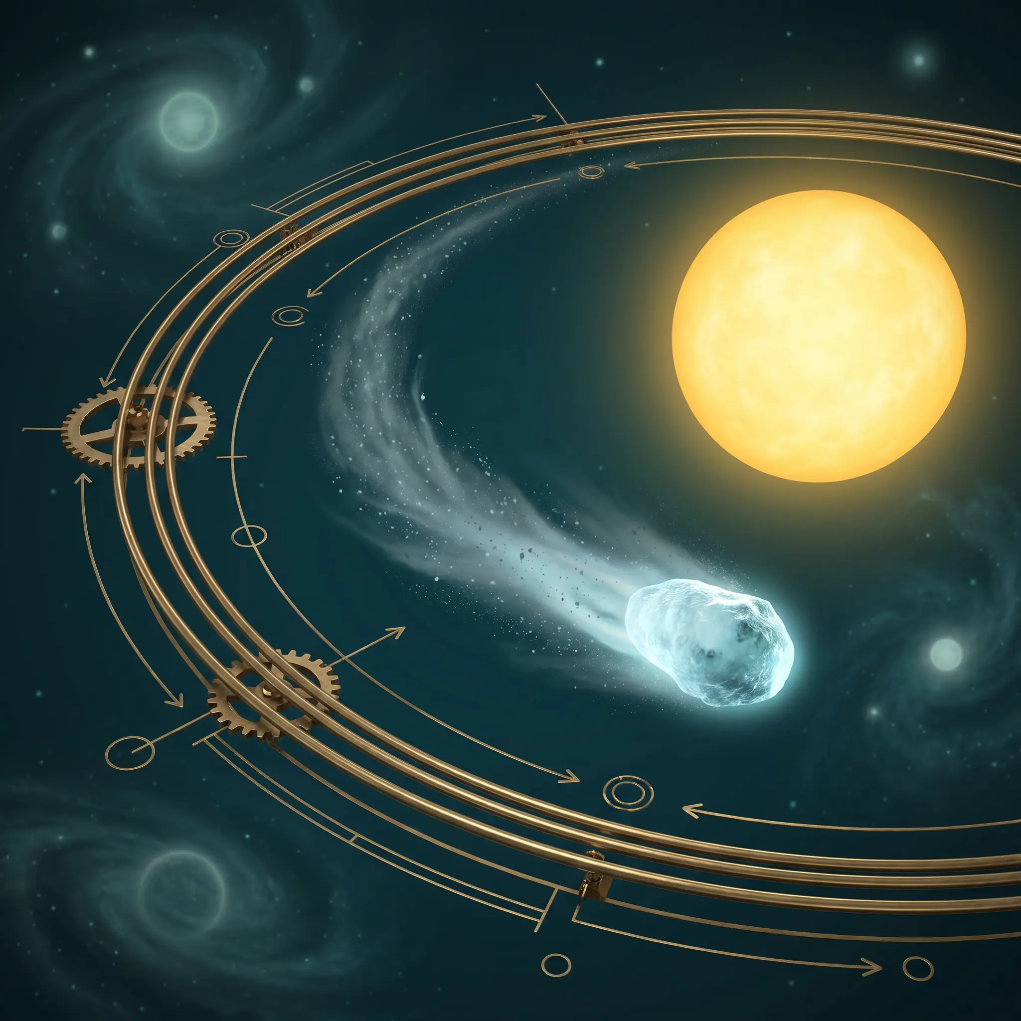 Illustrated comet orbit and dust tail in dark space
