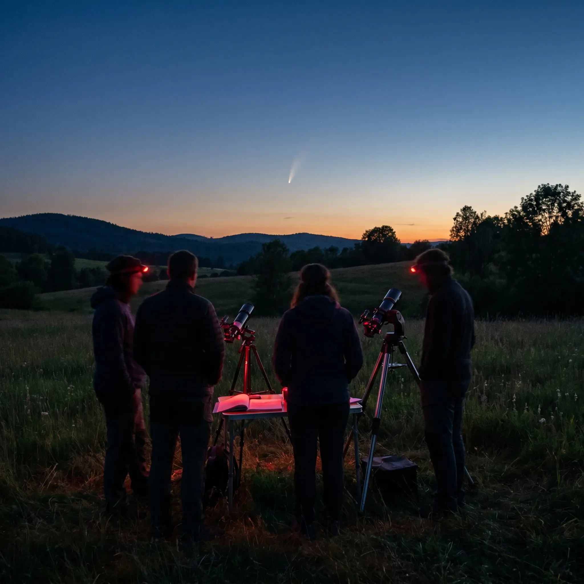 A small community star party at dusk with telescopes and notebooks